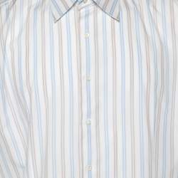 Pre Owned Balmain White Striped Cotton Short Sleeve Shirt L