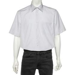 Balmain White Striped Cotton Short Sleeve Shirt L