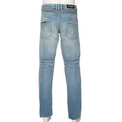 Pre Owned Balmain Blue Denim Ribbed Detailed Slim Fit Biker Jeans XL