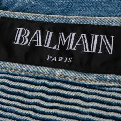 Pre Owned Balmain Blue Denim Ribbed Detailed Slim Fit Biker Jeans XL