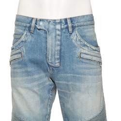 Pre Owned Balmain Blue Denim Ribbed Detailed Slim Fit Biker Jeans XL