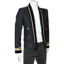 Pre Owned Balmain Navy Blue Cotton Velvet Collar Trim Open Front Jacket M