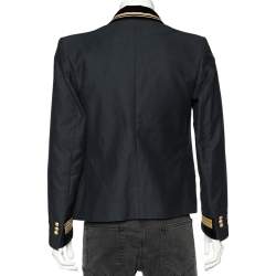 Pre Owned Balmain Navy Blue Cotton Velvet Collar Trim Open Front Jacket M
