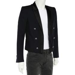 Pre Owned Balmain Navy Blue Wool Contrast Trim Open Front Blazer M