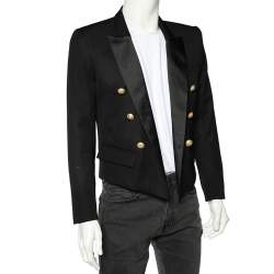 Pre Owned Balmain Black Wool Satin Trim Spencer Blazer L