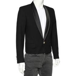Balmain Black Cotton & Silk Lapel Detailed Cropped Blazer M
