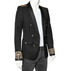 Pre Owned Balmain Black Wool Embroidered Cuff Detailed Open Front Blazer M