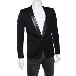 Pre Owned Balmain Black Wool & Leather Trim Shawl Lapel Blazer M