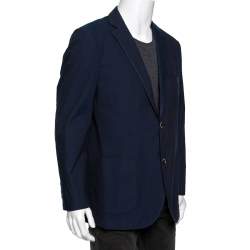 Pre Owned Balmain Blue Textured Cotton Slim Fit Single Breasted Blazer XXXL 