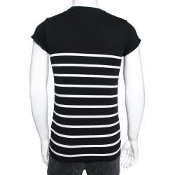 Pre Owned Balmain Black and White Stripe Cotton Balmain Printed T-shirt XS