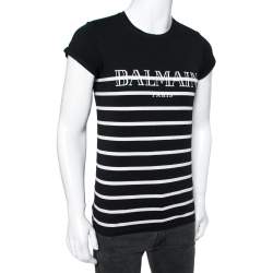 Pre Owned Balmain Black and White Stripe Cotton Balmain Printed T-shirt XS