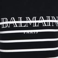 Pre Owned Balmain Black and White Stripe Cotton Balmain Printed T-shirt XS