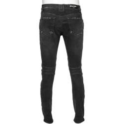 Balmain Charcoal Grey Denim Quilted Detail Biker Jeans M