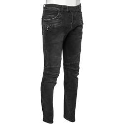 Balmain Charcoal Grey Denim Quilted Detail Biker Jeans M