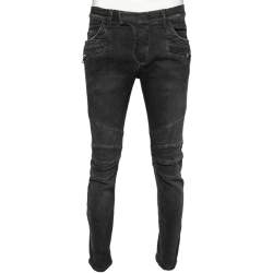 Balmain Charcoal Grey Denim Quilted Detail Biker Jeans M