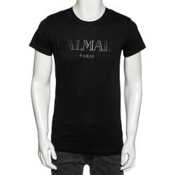 Pre Owned Balmain Black Cotton Logo Printed Crew Neck Short Sleeve T-Shirt S