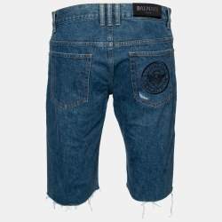 Balmain Blue Distressed Denim Frayed Edge Detail Shorts M
