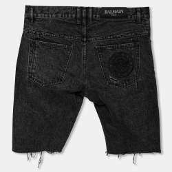 Balmain Grey Distressed Denim Logo Embroidered Shorts M