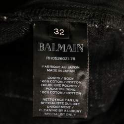 Balmain Grey Distressed Denim Logo Embroidered Shorts M