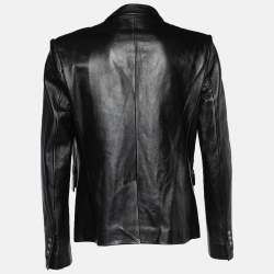 Pre Owned Balmain Black Leather Double Breasted Jacket XXL