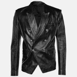 Pre Owned Balmain Black Leather Double Breasted Jacket XXL
