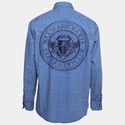 Pre Owned Balmain Blue Printed Cotton Logo Embroidered Button Front Shirt XL
