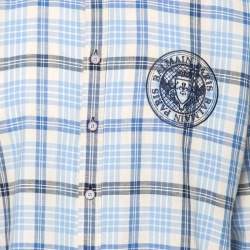 Pre Owned Balmain Blue Checked Cotton Logo Embroidered Button Front Shirt XL