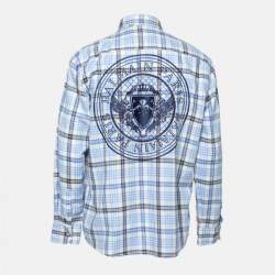 Pre Owned Balmain Blue Checked Cotton Logo Embroidered Button Front Shirt XL