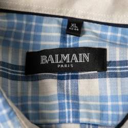 Pre Owned Balmain Blue Checked Cotton Logo Embroidered Button Front Shirt XL