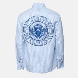 Pre Owned Balmain Blue Checked Linen & Cotton Logo Embroidered Button Down Shirt XL