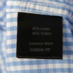 Pre Owned Balmain Blue Checked Linen & Cotton Logo Embroidered Button Down Shirt XL