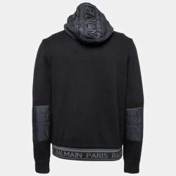 Pre Owned Balmain Black Synthetic & Knit Paneled Hooded Zip Front Jacket XXL