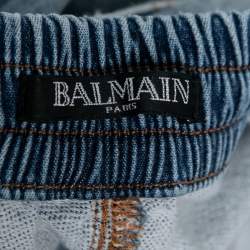 Pre Owned Balmain Light Blue Distressed Denim Ribbed-Paneled Jeans L Waist 29"