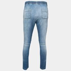 Pre Owned Balmain Light Blue Distressed Denim Ribbed-Paneled Jeans L Waist 29"