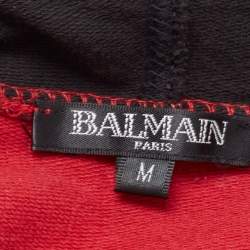 Pre Owned Balmain Red and Black Logo Printed Cotton Knit Hoodie M