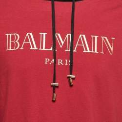 Pre Owned Balmain Red and Black Logo Printed Cotton Knit Hoodie M
