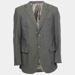Pre Owned Balmain Vintage Grey Striped Wool Button Front Blazer L