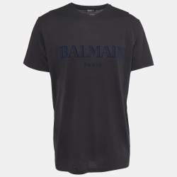 Pre Owned Balmain Black Logo Patch Cotton Crew Neck Half Sleeve T-Shirt XL
