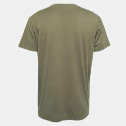 مملوكة مسبقًا Balmain Military Green Cotton Velvet Trim Logo Detail Crew Neck Half Sleeve T-Shirt XL