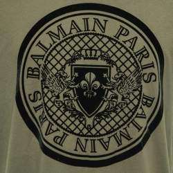 مملوكة مسبقًا Balmain Military Green Cotton Velvet Trim Logo Detail Crew Neck Half Sleeve T-Shirt XL