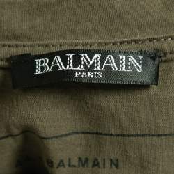 مملوكة مسبقًا Balmain Military Green Cotton Velvet Trim Logo Detail Crew Neck Half Sleeve T-Shirt XL