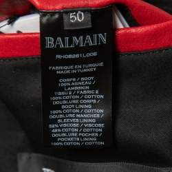 Pre Owned Balmain Red Distressed Leather Moto Biker Jacket L