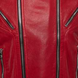 Pre Owned Balmain Red Distressed Leather Moto Biker Jacket L