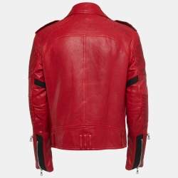 Pre Owned Balmain Red Distressed Leather Moto Biker Jacket L
