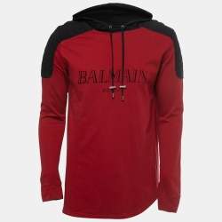Balmain Red and Black Logo Printed Cotton Knit Hoodie M
