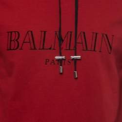 Balmain Red and Black Logo Printed Cotton Knit Hoodie M
