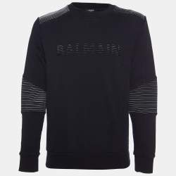 Pre Owned Balmain Black Striped Logo Cotton Knit Sweatshirt M
