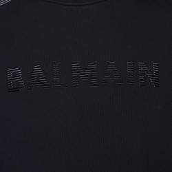 Pre Owned Balmain Black Striped Logo Cotton Knit Sweatshirt M