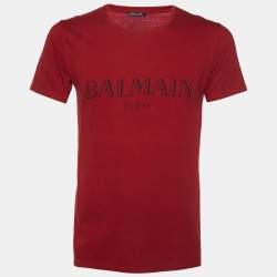 Balmain Red Logo Print Cotton Crew Neck T-Shirt XS