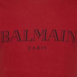 Balmain Red Logo Print Cotton Crew Neck T-Shirt XS